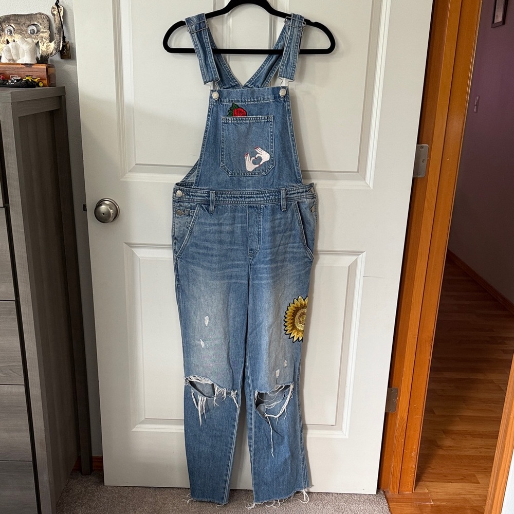 Lucky Brand Blue Denim Overalls with Colorful Patches